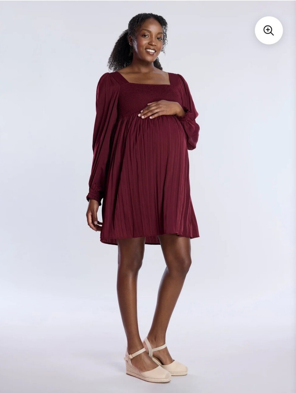 Motherhood Smocked Square-Neck Long-Sleeve Dress Deep Wine Small Fall